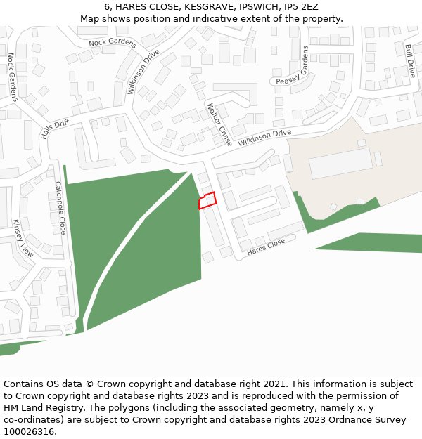 6, HARES CLOSE, KESGRAVE, IPSWICH, IP5 2EZ: Location map and indicative extent of plot