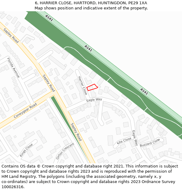 6, HARRIER CLOSE, HARTFORD, HUNTINGDON, PE29 1XA: Location map and indicative extent of plot