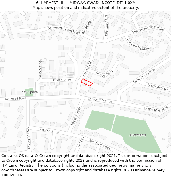 6, HARVEST HILL, MIDWAY, SWADLINCOTE, DE11 0XA: Location map and indicative extent of plot