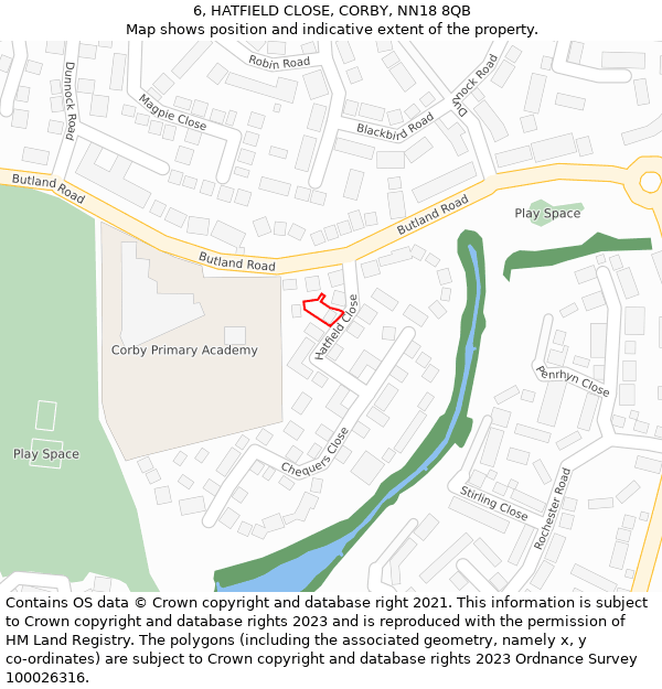 6, HATFIELD CLOSE, CORBY, NN18 8QB: Location map and indicative extent of plot