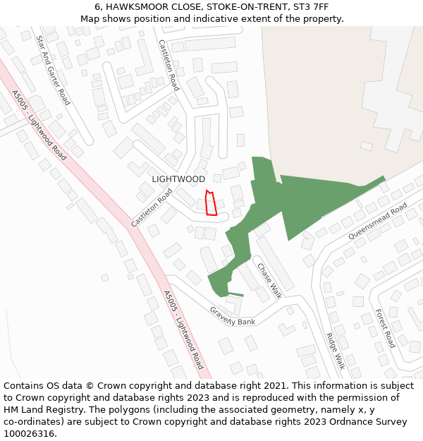 6, HAWKSMOOR CLOSE, STOKE-ON-TRENT, ST3 7FF: Location map and indicative extent of plot