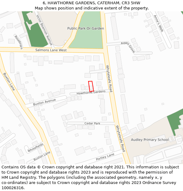 6, HAWTHORNE GARDENS, CATERHAM, CR3 5HW: Location map and indicative extent of plot