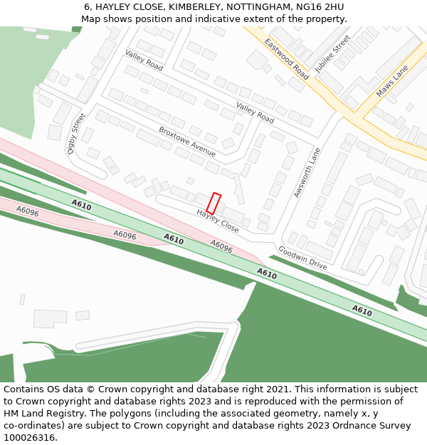 6, HAYLEY CLOSE, KIMBERLEY, NOTTINGHAM, NG16 2HU: Location map and indicative extent of plot