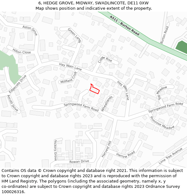 6, HEDGE GROVE, MIDWAY, SWADLINCOTE, DE11 0XW: Location map and indicative extent of plot