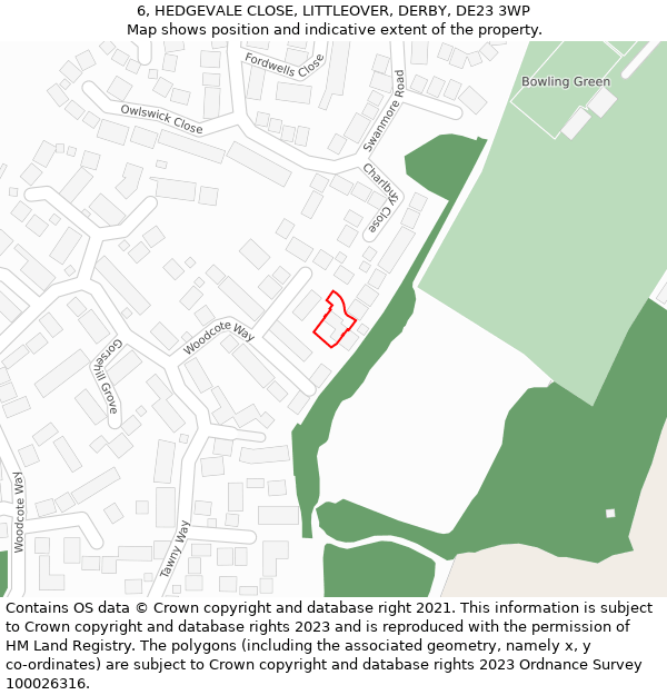 6, HEDGEVALE CLOSE, LITTLEOVER, DERBY, DE23 3WP: Location map and indicative extent of plot