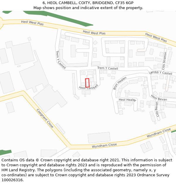 6, HEOL CAMBELL, COITY, BRIDGEND, CF35 6GP: Location map and indicative extent of plot