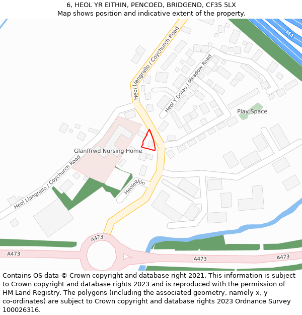 6, HEOL YR EITHIN, PENCOED, BRIDGEND, CF35 5LX: Location map and indicative extent of plot