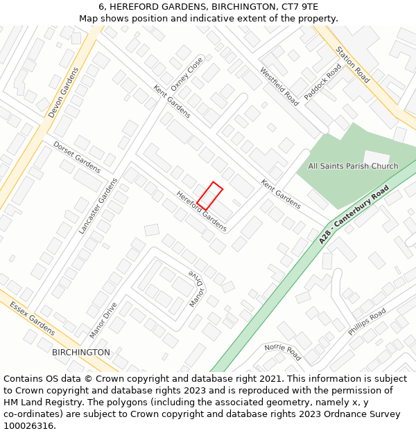 6, HEREFORD GARDENS, BIRCHINGTON, CT7 9TE: Location map and indicative extent of plot