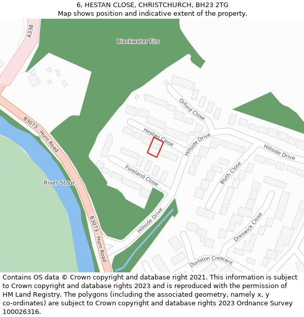 6, HESTAN CLOSE, CHRISTCHURCH, BH23 2TG: Location map and indicative extent of plot