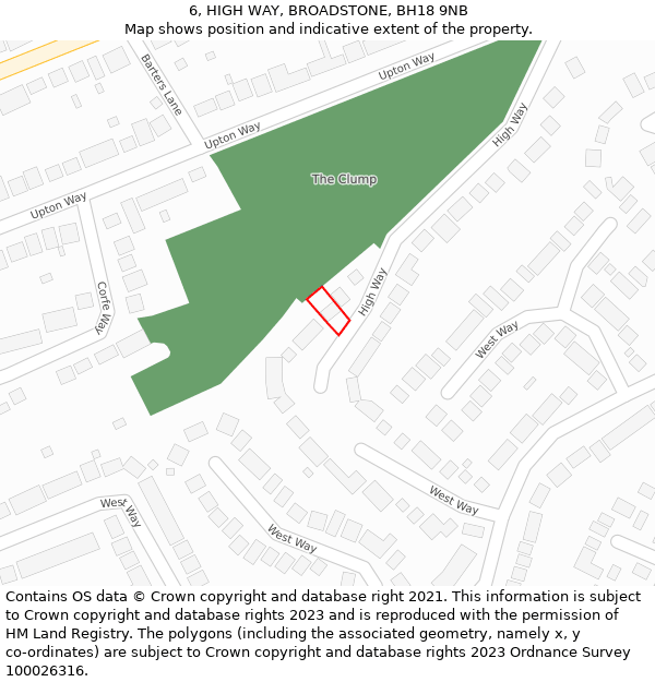 6, HIGH WAY, BROADSTONE, BH18 9NB: Location map and indicative extent of plot