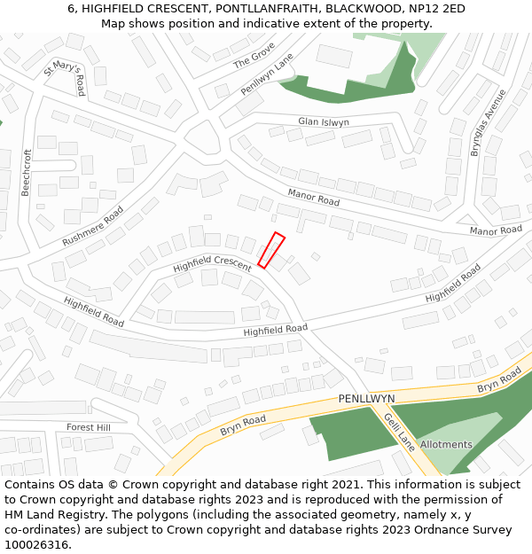 6, HIGHFIELD CRESCENT, PONTLLANFRAITH, BLACKWOOD, NP12 2ED: Location map and indicative extent of plot