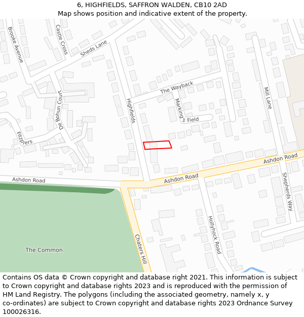 6, HIGHFIELDS, SAFFRON WALDEN, CB10 2AD: Location map and indicative extent of plot