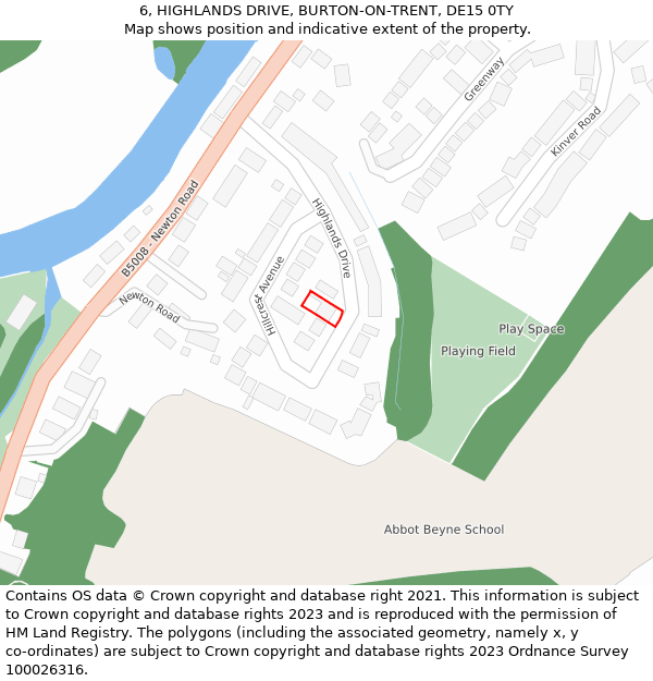 6, HIGHLANDS DRIVE, BURTON-ON-TRENT, DE15 0TY: Location map and indicative extent of plot