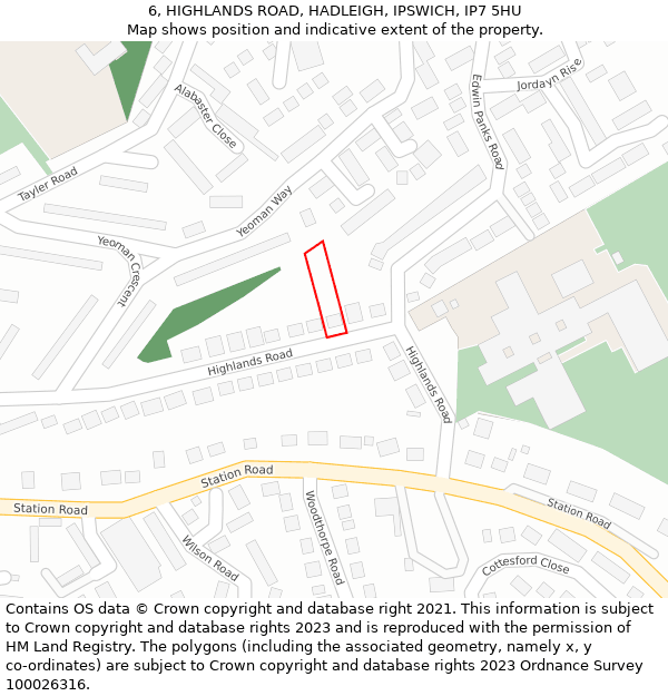 6, HIGHLANDS ROAD, HADLEIGH, IPSWICH, IP7 5HU: Location map and indicative extent of plot