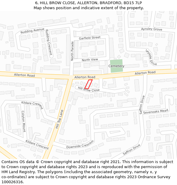 6, HILL BROW CLOSE, ALLERTON, BRADFORD, BD15 7LP: Location map and indicative extent of plot