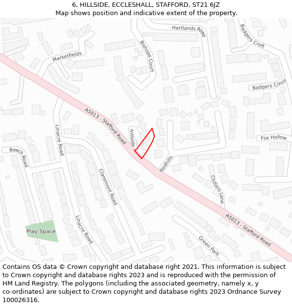 6, HILLSIDE, ECCLESHALL, STAFFORD, ST21 6JZ: Location map and indicative extent of plot