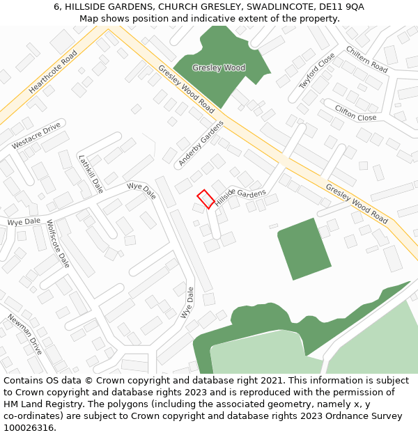 6, HILLSIDE GARDENS, CHURCH GRESLEY, SWADLINCOTE, DE11 9QA: Location map and indicative extent of plot