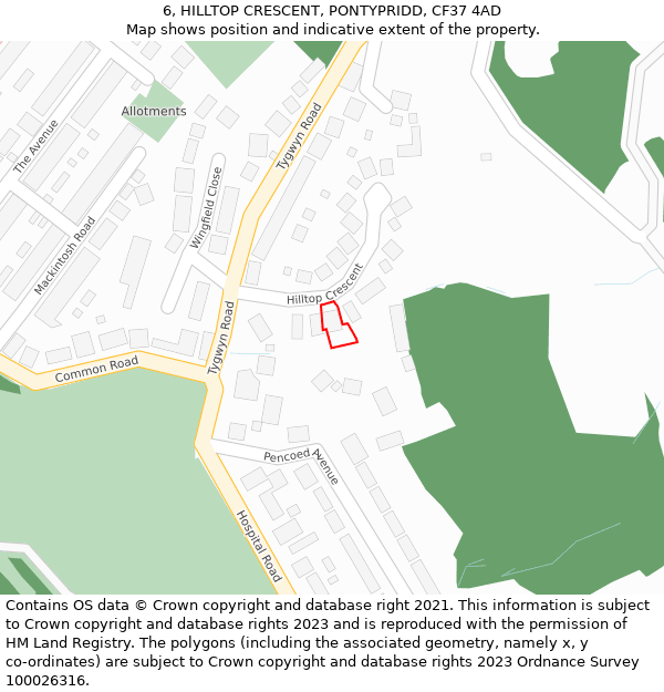6, HILLTOP CRESCENT, PONTYPRIDD, CF37 4AD: Location map and indicative extent of plot