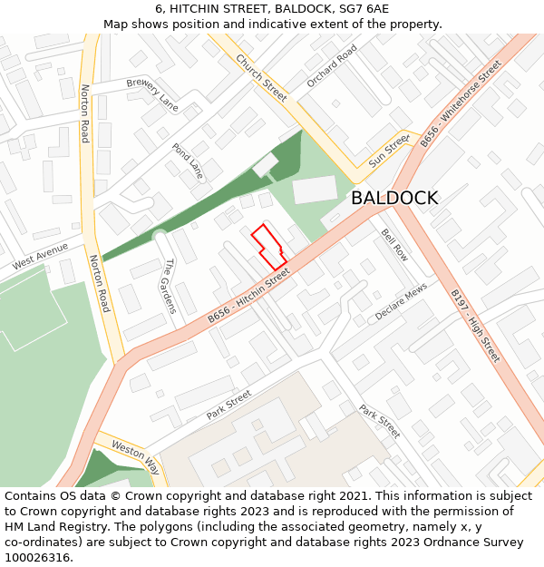 6, HITCHIN STREET, BALDOCK, SG7 6AE: Location map and indicative extent of plot