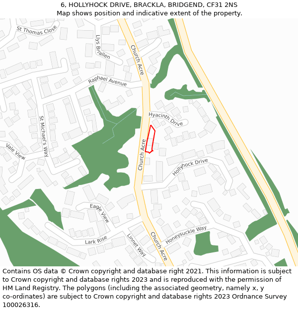6, HOLLYHOCK DRIVE, BRACKLA, BRIDGEND, CF31 2NS: Location map and indicative extent of plot