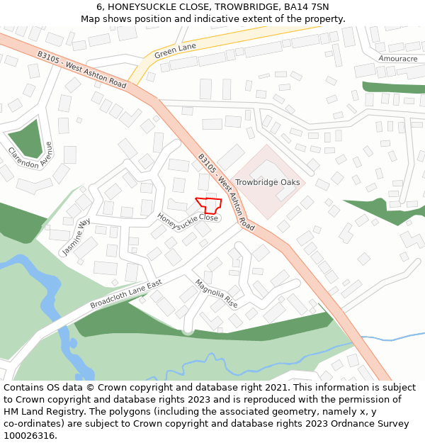 6, HONEYSUCKLE CLOSE, TROWBRIDGE, BA14 7SN: Location map and indicative extent of plot