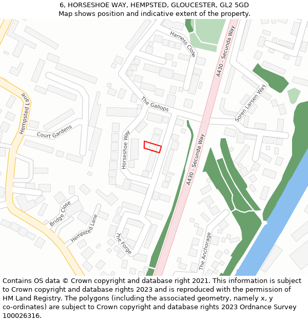 6, HORSESHOE WAY, HEMPSTED, GLOUCESTER, GL2 5GD: Location map and indicative extent of plot