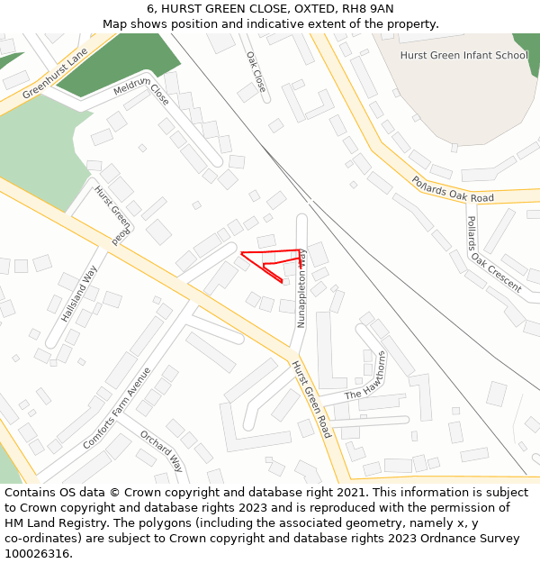 6, HURST GREEN CLOSE, OXTED, RH8 9AN: Location map and indicative extent of plot