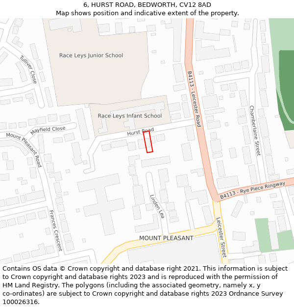 6, HURST ROAD, BEDWORTH, CV12 8AD: Location map and indicative extent of plot
