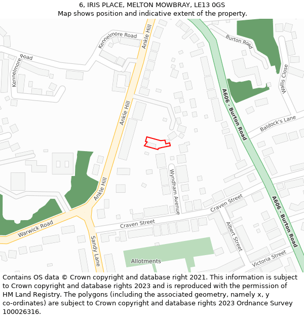 6, IRIS PLACE, MELTON MOWBRAY, LE13 0GS: Location map and indicative extent of plot