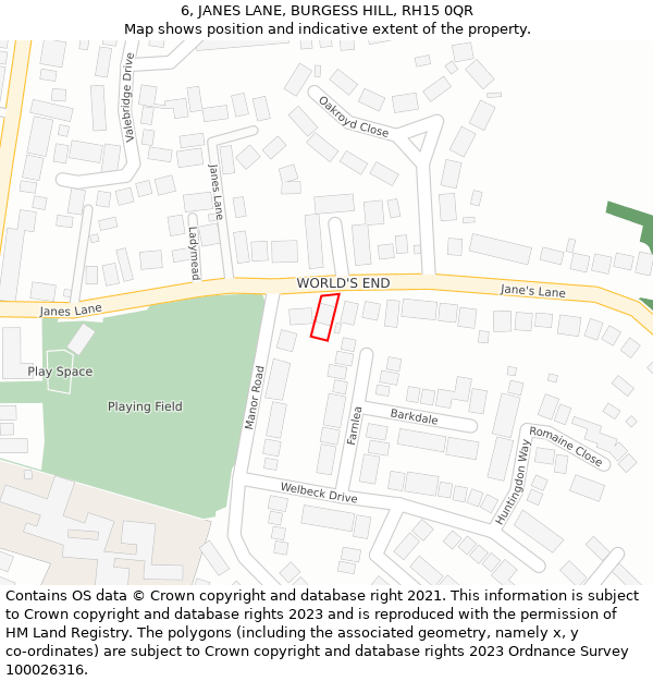 6, JANES LANE, BURGESS HILL, RH15 0QR: Location map and indicative extent of plot