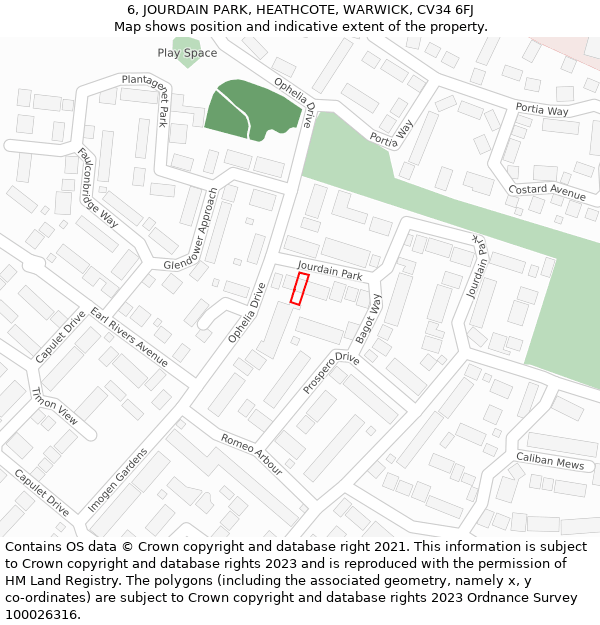 6, JOURDAIN PARK, HEATHCOTE, WARWICK, CV34 6FJ: Location map and indicative extent of plot