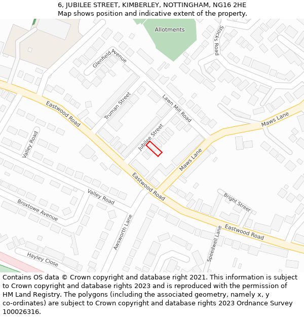 6, JUBILEE STREET, KIMBERLEY, NOTTINGHAM, NG16 2HE: Location map and indicative extent of plot