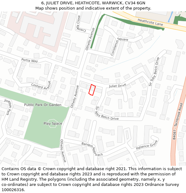 6, JULIET DRIVE, HEATHCOTE, WARWICK, CV34 6GN: Location map and indicative extent of plot