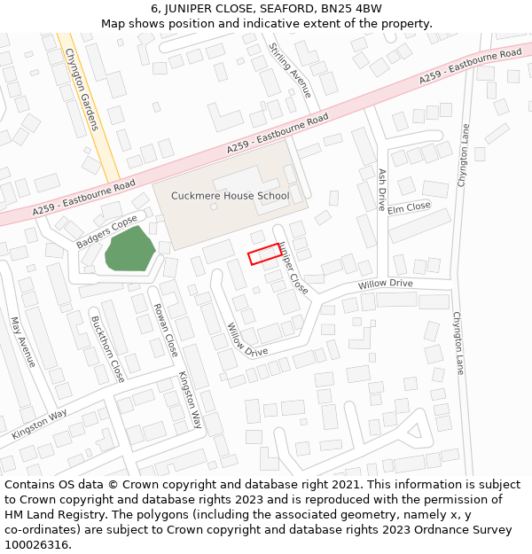 6, JUNIPER CLOSE, SEAFORD, BN25 4BW: Location map and indicative extent of plot