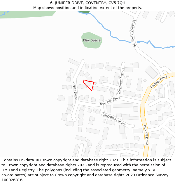 6, JUNIPER DRIVE, COVENTRY, CV5 7QH: Location map and indicative extent of plot