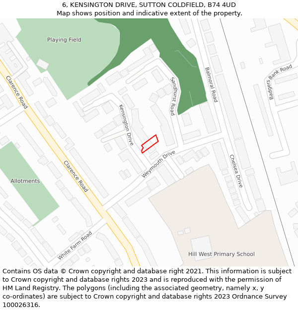 6, KENSINGTON DRIVE, SUTTON COLDFIELD, B74 4UD: Location map and indicative extent of plot
