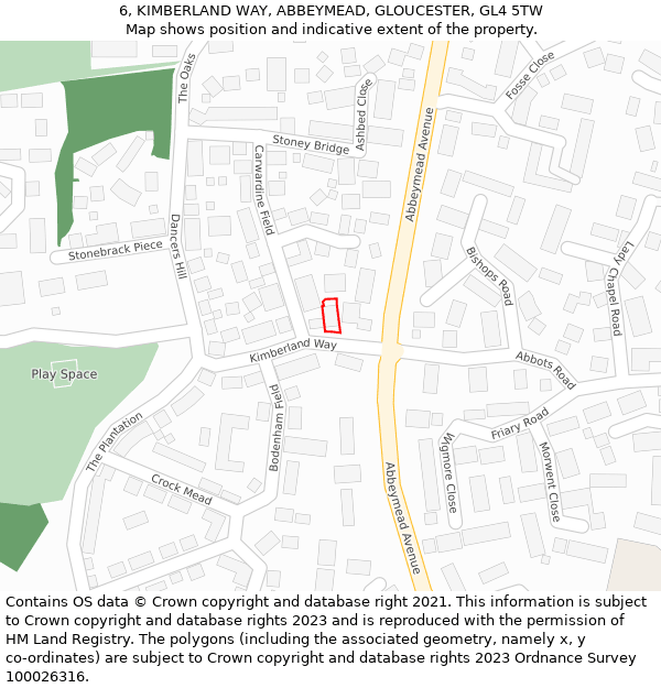 6, KIMBERLAND WAY, ABBEYMEAD, GLOUCESTER, GL4 5TW: Location map and indicative extent of plot