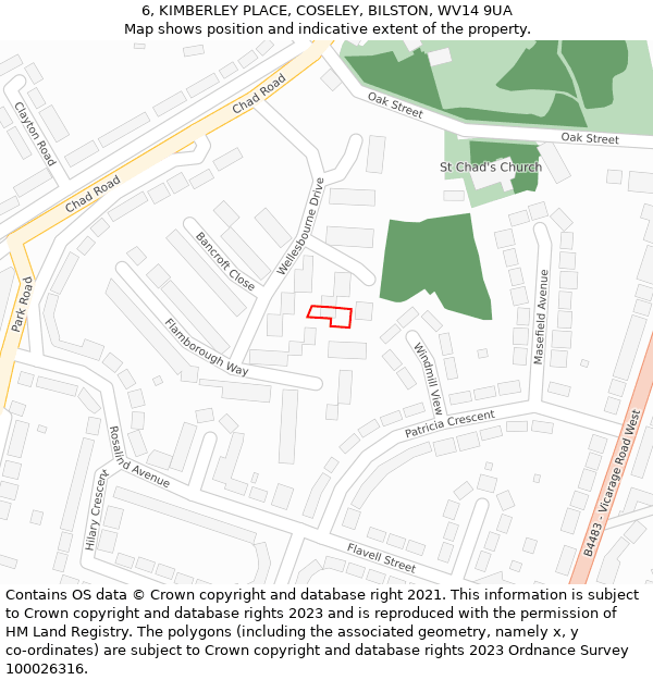 6, KIMBERLEY PLACE, COSELEY, BILSTON, WV14 9UA: Location map and indicative extent of plot