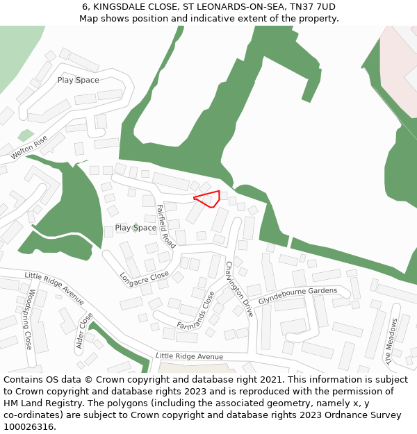 6, KINGSDALE CLOSE, ST LEONARDS-ON-SEA, TN37 7UD: Location map and indicative extent of plot