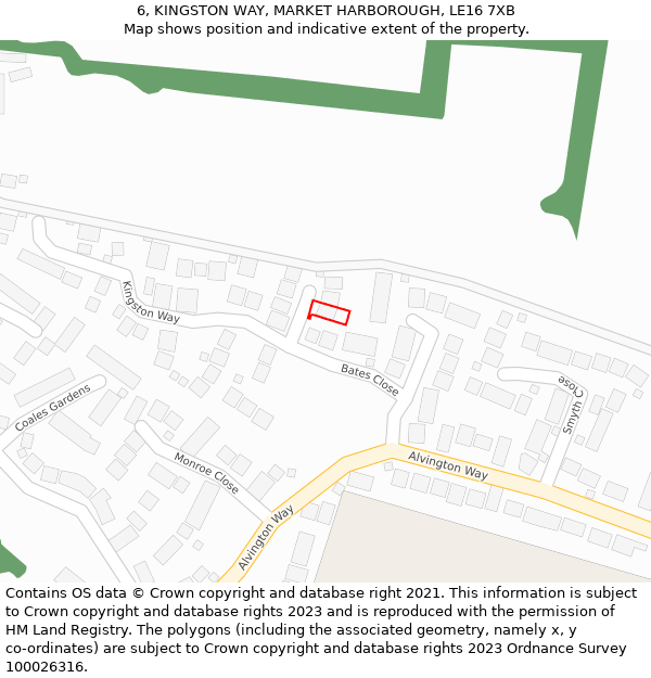 6, KINGSTON WAY, MARKET HARBOROUGH, LE16 7XB: Location map and indicative extent of plot