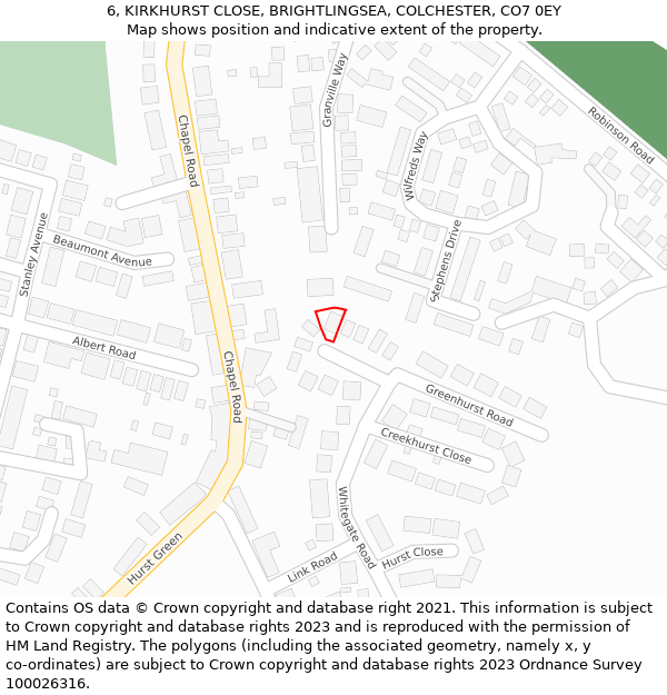 6, KIRKHURST CLOSE, BRIGHTLINGSEA, COLCHESTER, CO7 0EY: Location map and indicative extent of plot