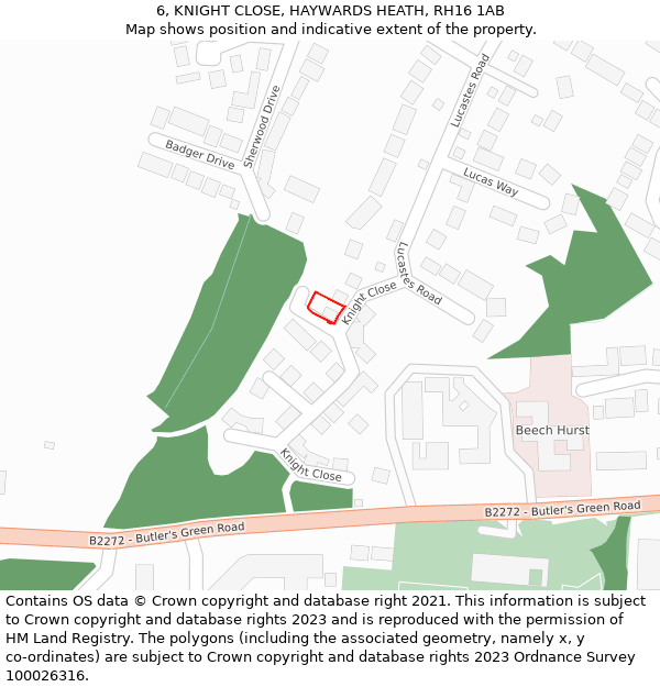 6, KNIGHT CLOSE, HAYWARDS HEATH, RH16 1AB: Location map and indicative extent of plot