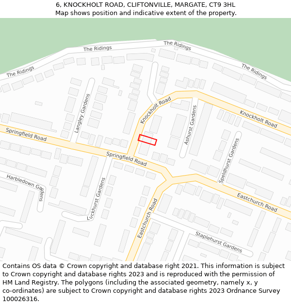 6, KNOCKHOLT ROAD, CLIFTONVILLE, MARGATE, CT9 3HL: Location map and indicative extent of plot