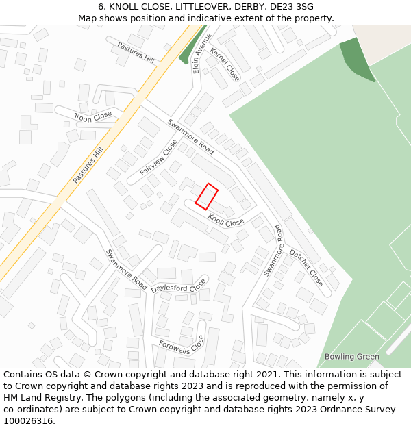 6, KNOLL CLOSE, LITTLEOVER, DERBY, DE23 3SG: Location map and indicative extent of plot