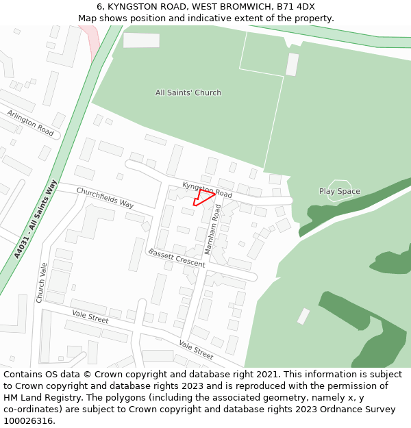6, KYNGSTON ROAD, WEST BROMWICH, B71 4DX: Location map and indicative extent of plot