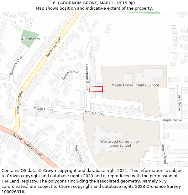 6, LABURNUM GROVE, MARCH, PE15 8JR: Location map and indicative extent of plot