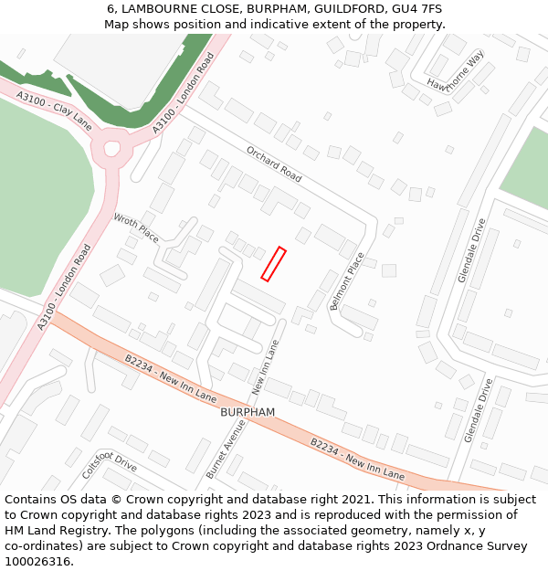 6, LAMBOURNE CLOSE, BURPHAM, GUILDFORD, GU4 7FS: Location map and indicative extent of plot