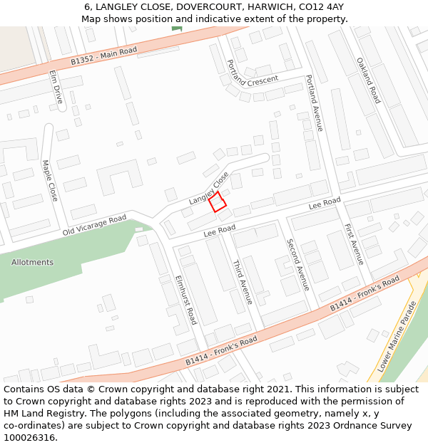 6, LANGLEY CLOSE, DOVERCOURT, HARWICH, CO12 4AY: Location map and indicative extent of plot