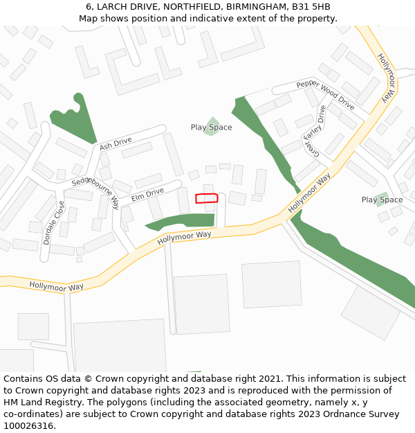 6, LARCH DRIVE, NORTHFIELD, BIRMINGHAM, B31 5HB: Location map and indicative extent of plot