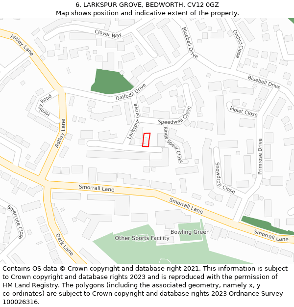 6, LARKSPUR GROVE, BEDWORTH, CV12 0GZ: Location map and indicative extent of plot